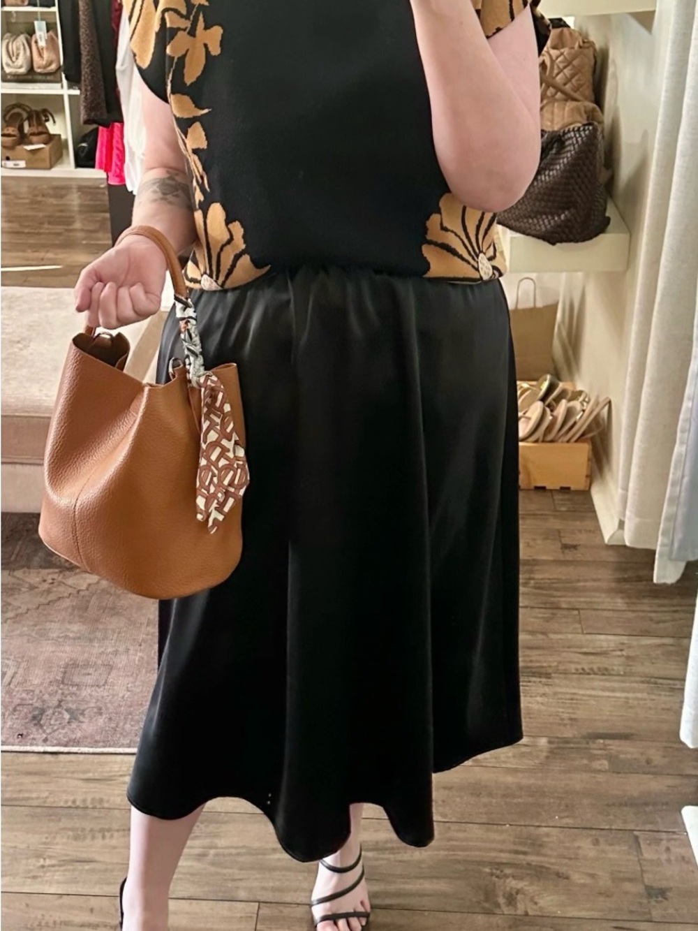 Black Satin A-Line Midi Skirt Flowy - Women's